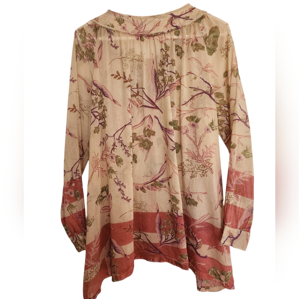 DONNA KARAN Tan Red Cotton Silk Floral Print Long Sleeve Tunic Blouse SZ Small - Picture 2 of 8